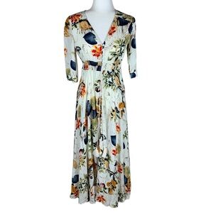 Women's Ivory Floral Short Sleeve Button Up Maxi Dress Size M Boho Fairy Cottage